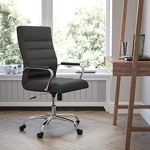 EMMA + OLIVER High Back Black LeatherSoft Executive Swivel Office Chair - Rose Gold Frame/Arms