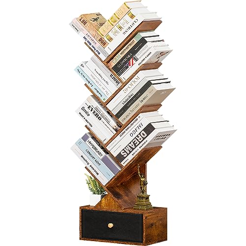 SHEEPAM 8 Tier Tree Bookshelf with Drawer, Free Standing Wood Bookcase for Narrow Space, Storage Organizer Bookshelves for Books, Book Case for H