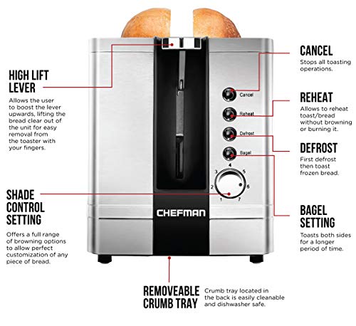 Chefman 2 Slice Toaster, 7 Shade Settings, Stainless Steel Toaster 2 Slice with Extra-Wide Slots, Thick Bread Toaster and Bagel Toaster, Reheat,