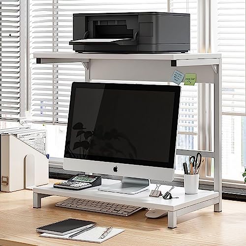 Simmer Stone Steel Tube Wooden Computer Monitor Station 2 Tier Steel Tube Wooden Shelves Display Station Office Storage Rack Multifunctional Furn