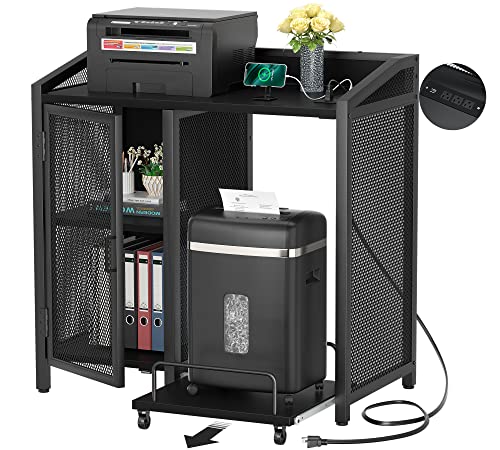 Unikito File Cabinet with Paper Shredder Stand On Wheel, Modern Vertical Filing Cabinet with Socket and USB Charging Port, Large Printer Stand wi