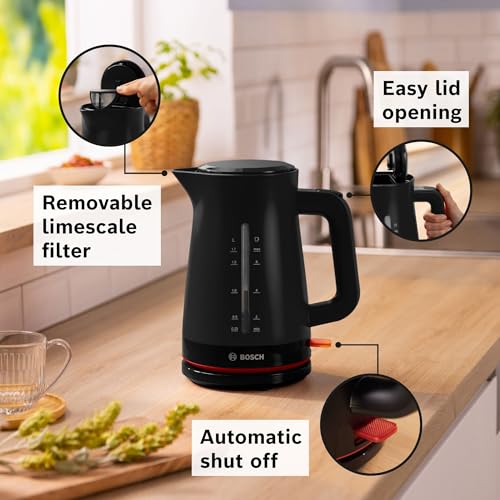 Bosch MyMoments Infuse TWK3M123GB Plastic Cordless Kettle, with dual sided water gauge and lid release button, 1.7 Litres, 3000W - Black
