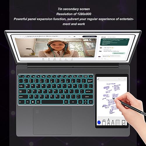 Aeun Laptop, 4 Core 4 Thread Laptop Computer Front 0.3MP Camera Dual Screen M.2 2280 100-240V 16G LPDDR4 N5095 Processor for Office (UK Plug 16G+