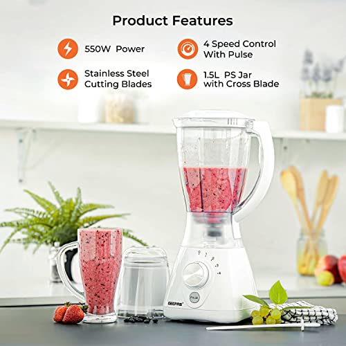 Geepas 550W 2 in 1 Food Jug Blender with 1.5L BPA Free Jar | 4 Sharp Stainless Steel Blades with 2 Speed | Ice Crusher, Mill, Coffee/Spice Grinde