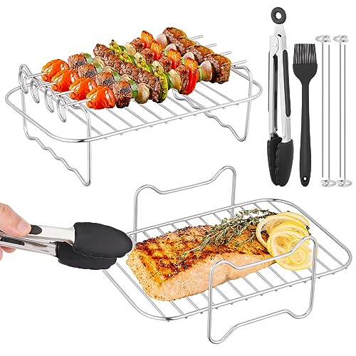 BEZORR 2PCS Air Fryer Rack,Reusable Double Air Fryer Rack,304 Stainless Steel Grilling Rack Toast Rack Cooking Rack with 4Skewers,1Oil Brush and