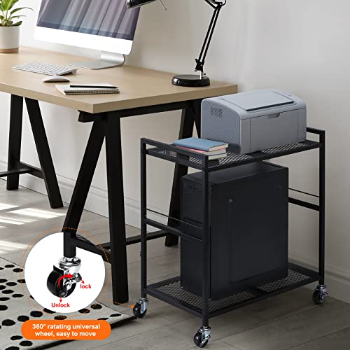 Mobile Printer Stand, Computer Tower Stand 2 Tier CPU Stand Rolling Cart Holds up to 40lbs, Metal Utility Carts with Wheels for Home & Office, Bl