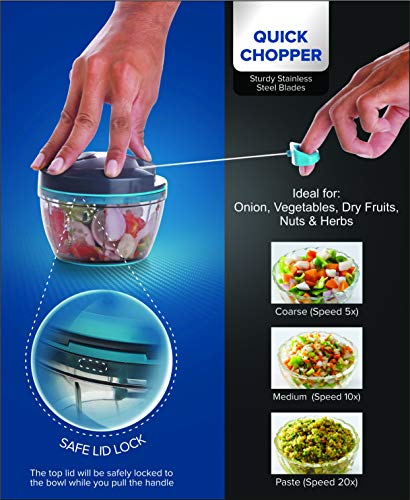 Manual Food Chopper – Manual Food Processor – Pull Cord Manual Chopper – Manual Vegetable Chopper with Varying Chopping Sizes – Hand Food Chopper