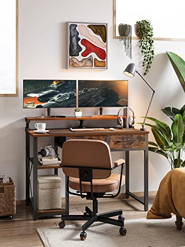ODK Computer Desk with Drawers, Office Desk with Storage & Shelves, Work Writing Desk with Monitor Stand Shelf, Rustic Brown Home Office Desks fo