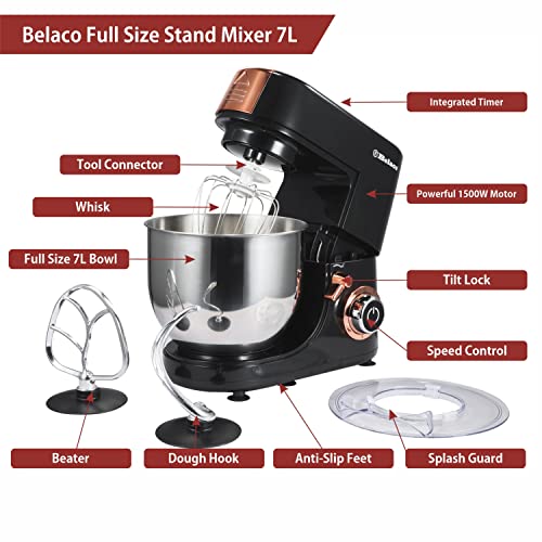 Belaco Full Size Stand Mixer 7L Stainless Steel Mixing Bowl Food Mixer 1500W Tilt Head 6 Speed Timer Digital Kitchen Mixer with Whisk, Beater & D