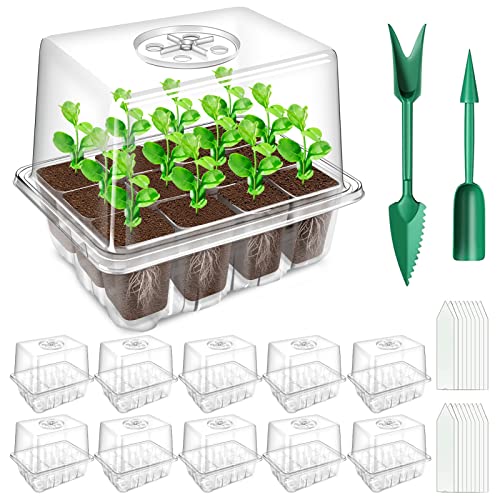 YAUNGEL Seed Trays, 10 Pack 120 Cells Propagator with Heightened Lids, Growing Thicken Seedling Starter Growing Trays with Adjustable Window for