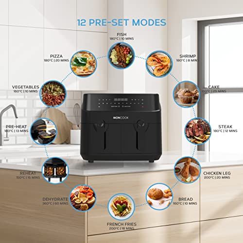 MONCOOK Double Air Fryer - 2 In 1 Airfryer 9L With 2 x 4.5L Baskets - 50 Recipe Cookbook - Smart Finish Function - Digital LED Display Airfryer -