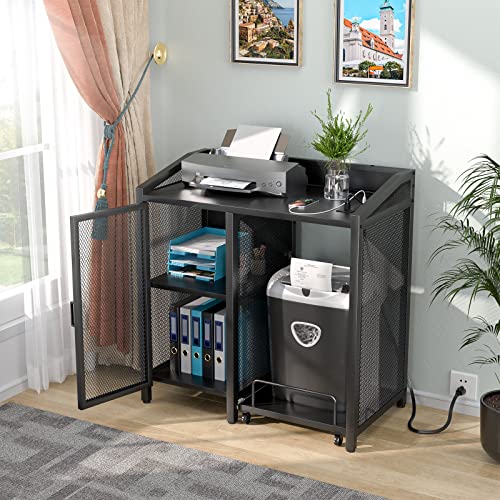 Unikito File Cabinet with Paper Shredder Stand On Wheel, Modern Vertical Filing Cabinet with Socket and USB Charging Port, Large Printer Stand wi