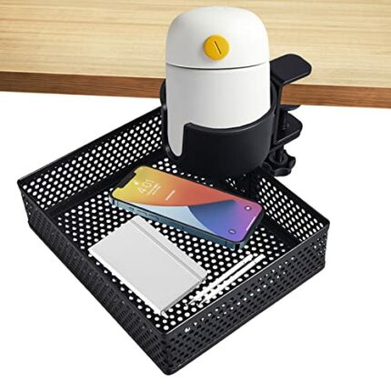 360 ° Rotary Under Desk Drawer with Cup Holder, Hidden Under Desk Storage Box Organizer Tray Cup Holder & Storage Rack, Punch Free Metal Table Dr