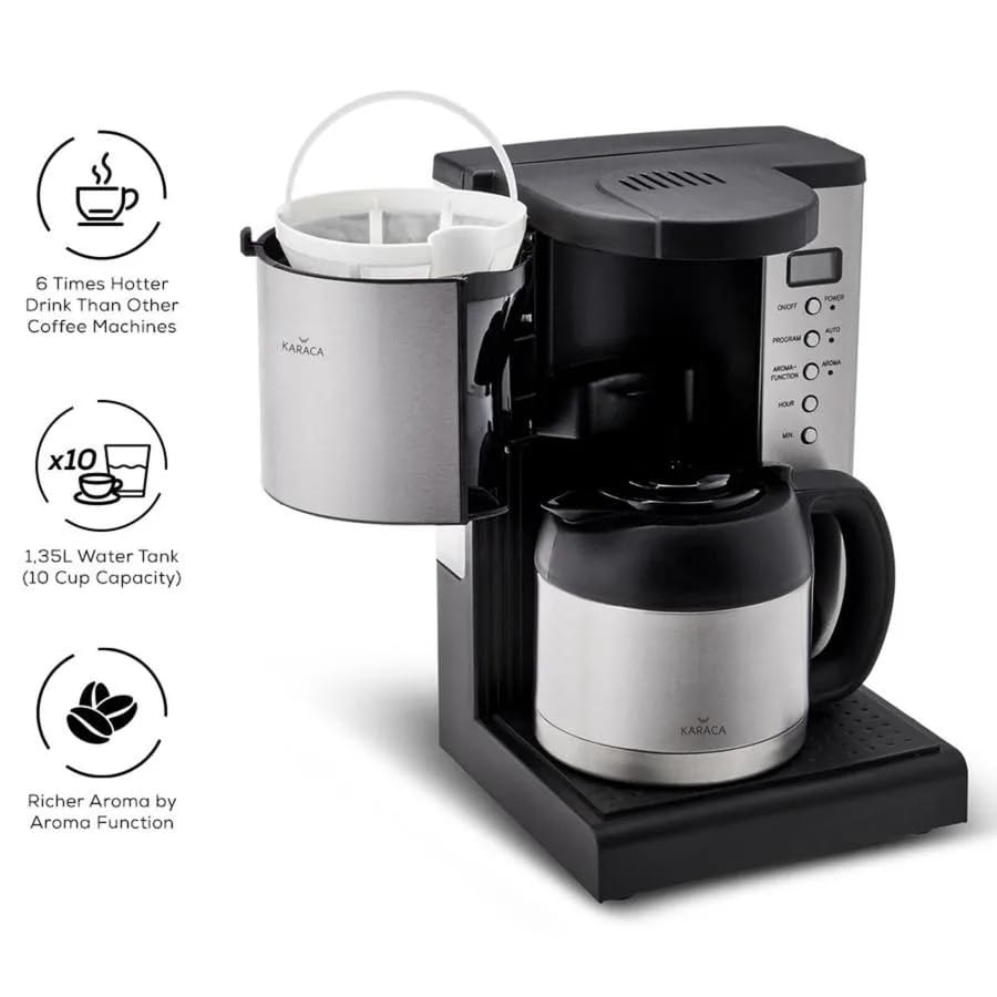 KARACA Coffee Art Aroma Filter Coffee Machine with Timer, 1.35lt / 2.97lb Capacity, INOX Silver and Black Filter Coffee Maker