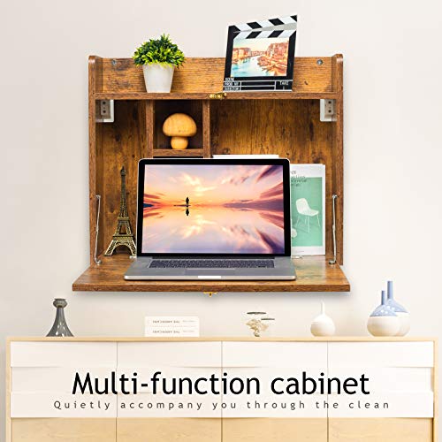 KZHOME Wall Mounted Table Multifunctional Folding Wall-Mounted Laptop Desk Writing Table with Storage Shelves for Home Office, Rustic Brown