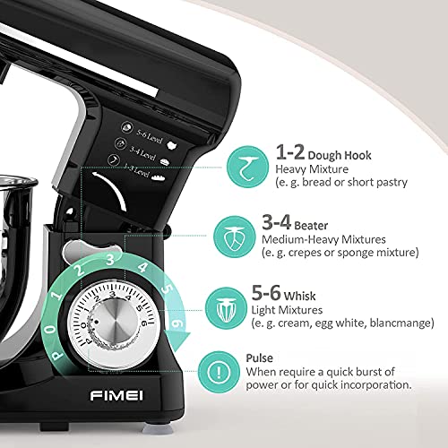 FIMEI Stand Mixer, Food Mixer 1000W, 5L Dough Mixer, Mixers for Baking with Stainless Steel Bowl, Beater, Hook and Whisk, Dishwasher Safe (Black)
