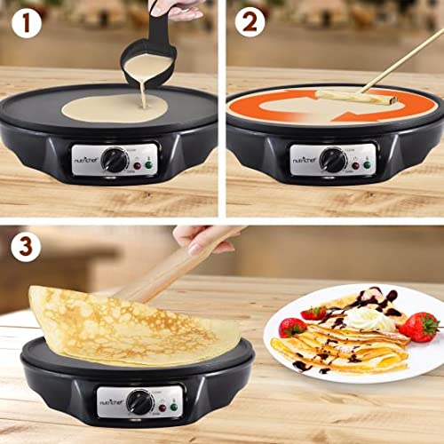 Nutrichef Nonstick 12 Inch Aluminum Hot Plate with LED Indicator Lights & Adjustable Temperature Control-Wooden Spatula & Batter Spreader Include