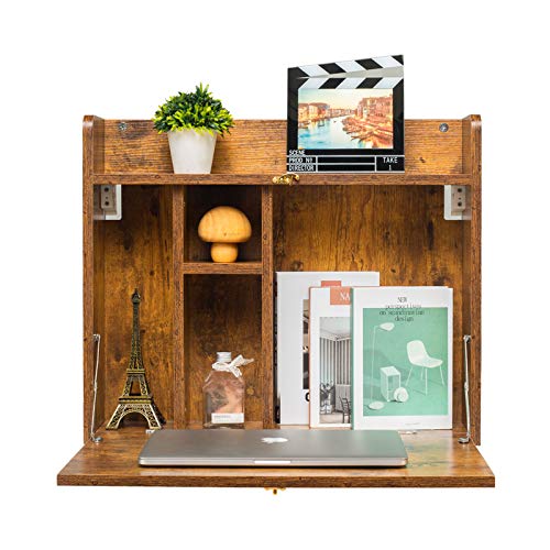 KZHOME Wall Mounted Table Multifunctional Folding Wall-Mounted Laptop Desk Writing Table with Storage Shelves for Home Office, Rustic Brown