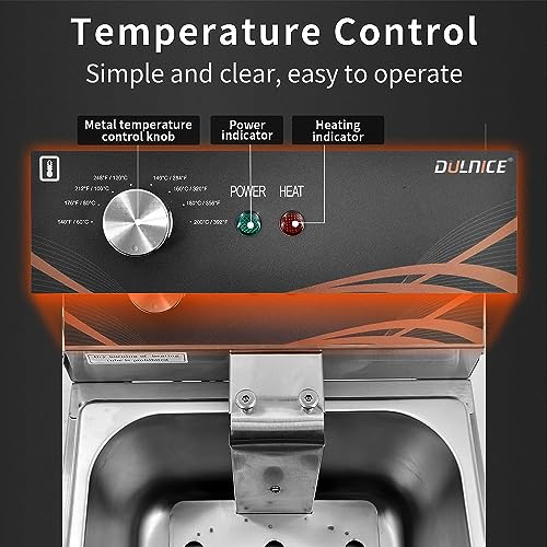 DULNICE 3000W Electric Deep Fryer with Single Tank & Lid Commercial Deep Fat Fryer, 6 Litre Stainless Steel Countertop Kitchen Oil Chip Fryer Tem