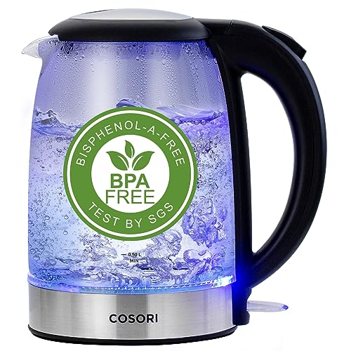 COSORI Electric Kettle Glass, Fast Boil Quiet, 3000W 1.5L with Blue LED, Stainless Steel Filter, Boil-Dry Protection, Black, BPA Free
