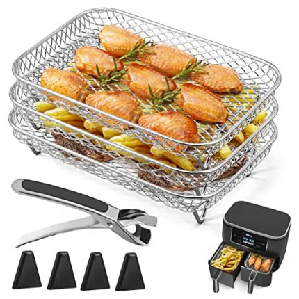 Air Fryer Rack for Ninja Dual Air Fryer Victop 3pcs Layered Dehydrator Rack with Clip and Heighten Feet, Stackable Grilling Rack Multipurpose Coo