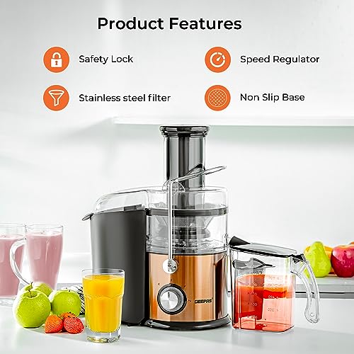 Geepas Juice Extractor, Centrifugal Juicer Machine - Whole Fruit & Vegetable Juicer - Stainless Steel Body & Extra Filter Basket - 75MM Wide Mout
