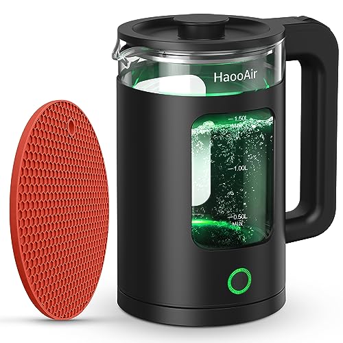Haooair Electric Kettle, 1.5 Liter Fast Boil Quiet Glass Kettle with Green LED, Easy to Clean, BPA-Free, Boil-Dry Protection