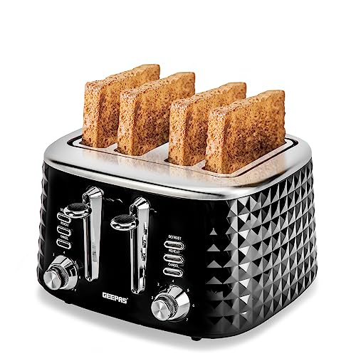Geepas 4 Slice Bread Toaster with 7 Level Browning Control | Removable Crumb Tray, Defrost, Reheat & Cancel Function, Cord Storage | 2 Year Warra