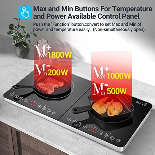 Aobosi Double Induction Hob,Induction Hobs with Slim Black Crystal Panel Body, Independent Control,Induction Cooker with 10 Temperature Setting,4
