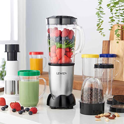Lewis's 8-IN-1 Multi Jug Power Blender – Personal Blender & Smoothie Maker with 1L Blending Jug, Large Fruit Juice Bottle (500ml), Blending Cup (