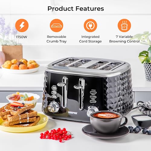 Geepas 4 Slice Bread Toaster with 7 Level Browning Control | Removable Crumb Tray, Defrost, Reheat & Cancel Function, Cord Storage | 2 Year Warra