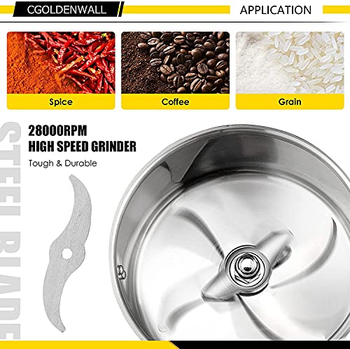 CGOLDENWALL 300g Open-Cover-Stop Protection 1500W Electric Grain Grinder 28000RPM Superfine Mill for Herb/Spice/Nut/Cereal 30s Speedy Grinding wi