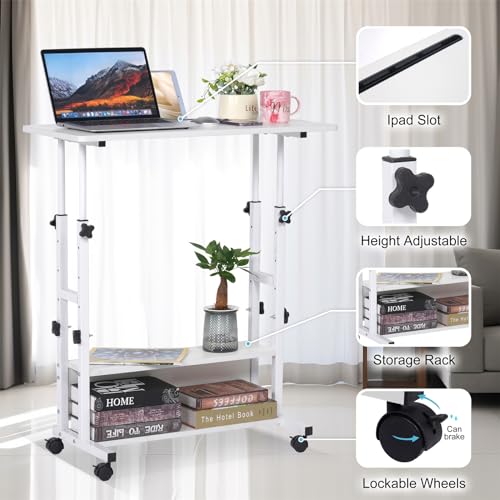 Small Standing Desk Adjustable Height, Mobile Stand Up Desk with Wheels, 32 Inch Portable Rolling Desk Small Computer Desk, Portable Laptop Desk