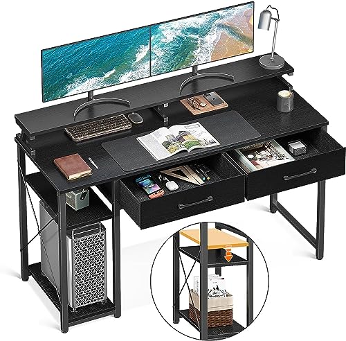 ODK Computer Desk with Drawers, Office Desk with Storage & Shelves, Work Writing Desk with Monitor Stand Shelf, Rustic Brown Home Office Desks fo