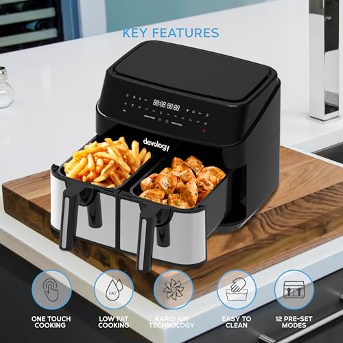 Devology Double Air Fryer - 10L - 2 x 5L Independent Dual Zone Air Fryer -50 Recipe Cookbook- 12 Cooking Programs - Digital LED Display Airfryer