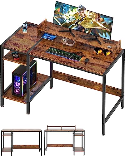 MINOSYS Computer Desk - 39” Gaming Desk, Home Office Desk with Storage, Small Desk with Monitor Stand, Rustic Writing Desk for 2 Monitors, Adjust