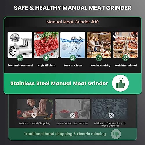 Huanyu Meat Grinder Manual Stainless Steel Hand Meat Grinder and Sausage Maker Manual Meat Mincer Dishwasher-Safe Meat Mincer Grinder Size 10