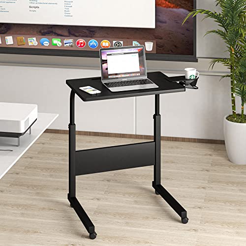 Klvied Standing Desk Adjustable Height, Stand Up Desk with Cup Holder, Portable Laptop Desk, Mobile Standing Desk, Small Computer Desk, Bedside T