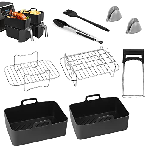 Air Fryer Accessories for Ninja Dual AF300UK AF400UK, Reusable Air Fryer Silicone Liner, Stainless Steel Grilling Rack with 4 Skewers, Oil Brush