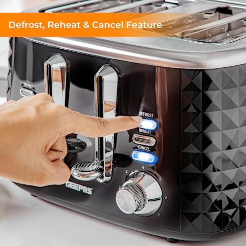 Geepas 4 Slice Bread Toaster with 7 Level Browning Control | Removable Crumb Tray, Defrost, Reheat & Cancel Function, Cord Storage | 2 Year Warra