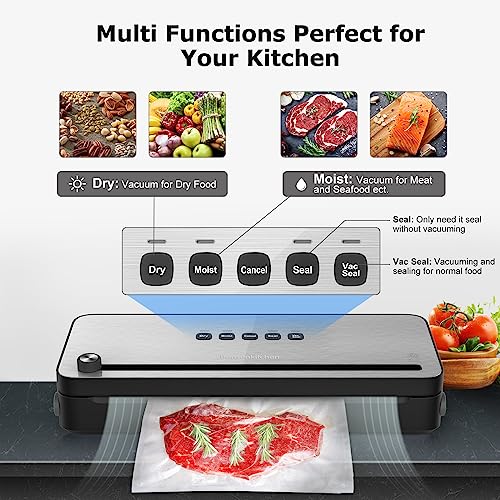 Bonsenkitchen Vacuum Sealer with Built-in Cutter & Roll Bag Storage, Lightweight for Dry and Moist Food Fresh Preservation, Vacuum Roll Bags & Ho