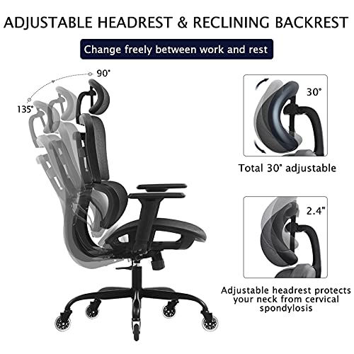 KERDOM Office Chair, Ergonomic Desk Chair with 3D Adjustable Headrest and Armrests Lumbar Support and Comfortable Reclining High Back Mesh Comput
