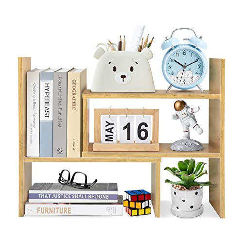 Pissente Desktop Organizer, Freestanding Desktop Display Shelf Adjustable Mini DIY Bookshelf Home Office Storage Desk Shelves (Dark Walnut)