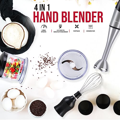 Belaco Hand Blender Mixer 4in1 Processor Chopper Mixer Bowl Egg Whisk & Beaker 800W DC Motor 600ml Chopper Bowl 500ml Beaker