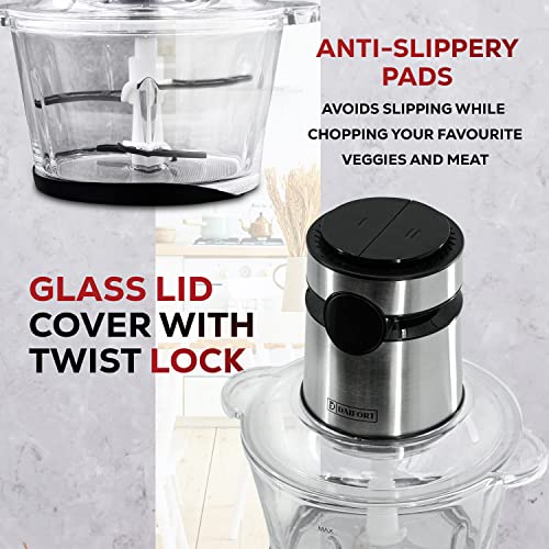 Daifort Electric Mini Food Processor 1.2 L, 2 speeds Powerful 350W Silent Motor & Glass Container with Non-Slip Base,Steel Blades, Chopper Slicer