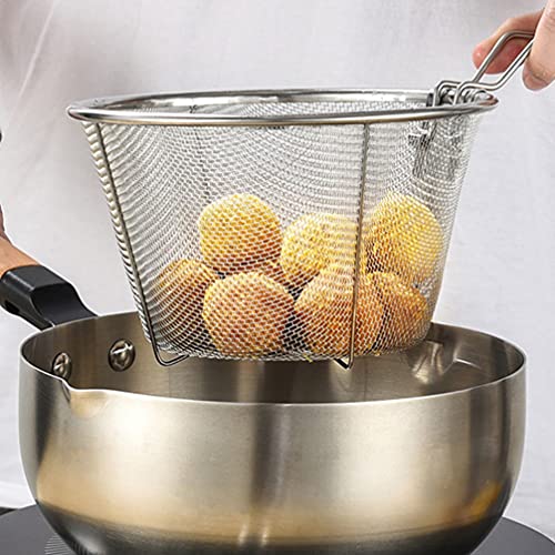 DOITOOL Fry Basket, 1PC Deep Fry Basket with Folding Handle, Medium Stainless Steel Round Wire Mesh French Chip Frying Serving Food Presentation