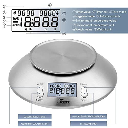 Electronic Kitchen Scales, Uten Kitchen Digital Scale with Detachable Stainless Steel Bowl 11lb/5kg, with Ambient Temperature Sensor and Cuisine