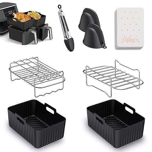 Air Fryer Accessories, 8pcs for Ninja Dual AF400UK & Tower T17088 & AF300UK, Dual Silicone Air Fryer Liners & Gloves, Air Fryer Rack & Food Tong