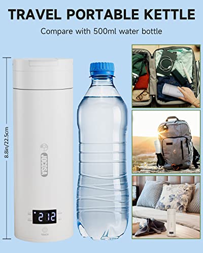 JOCOSA Travel Kettle, Compact Flip Lid Mini Kettle, 380ml 304 Stainless Steel BPA Free Portable Water Heater, Electric Kettle with Adjustable Tem