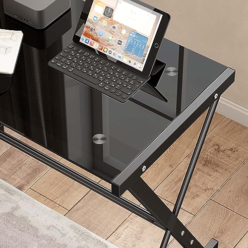 Wellynap L Shaped Glass Computer Desk,Corner L Desks Writing Desk, Gaming Table with Key Board, Space-Saving Workstation for Home, Office, Black